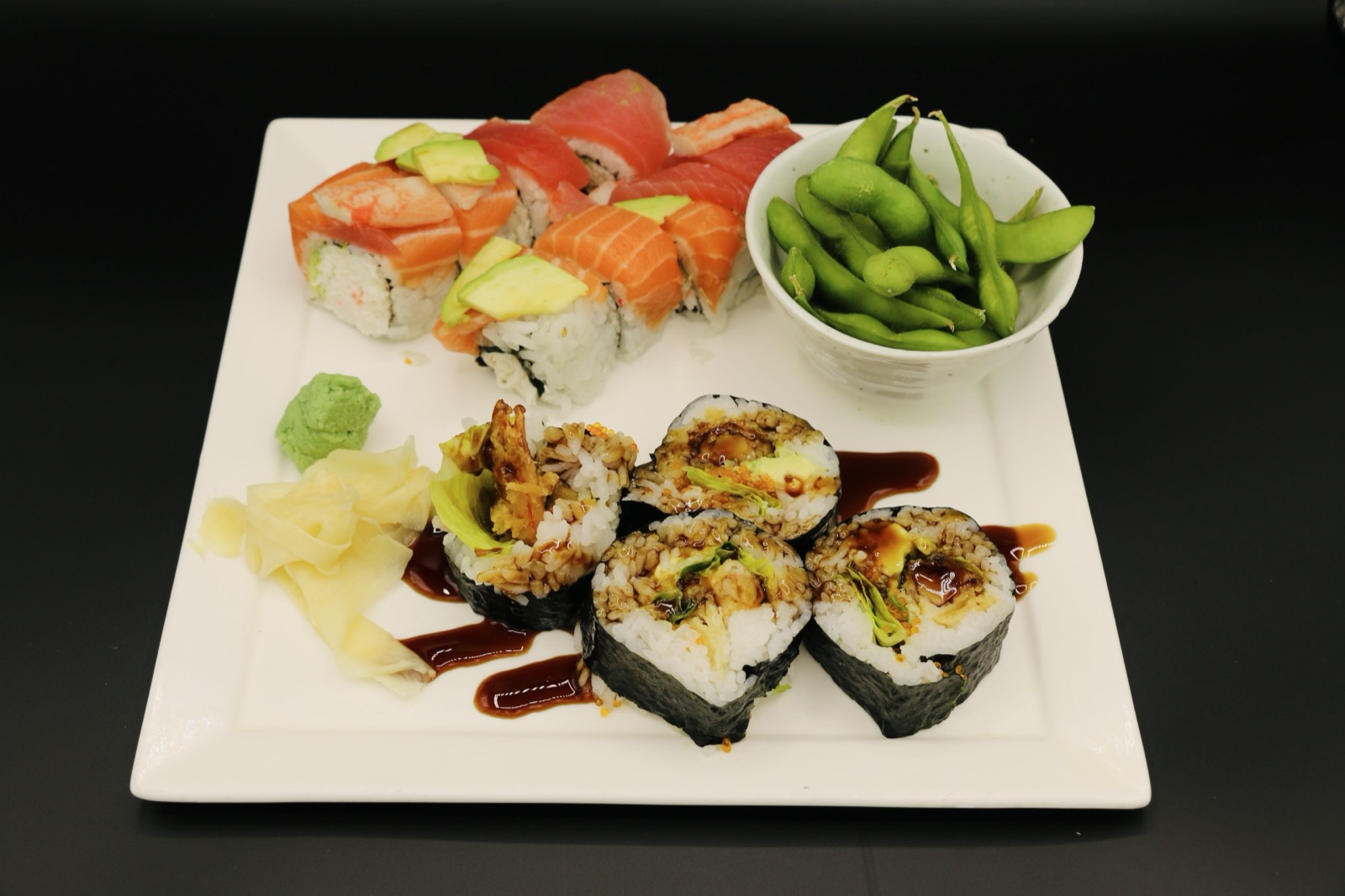Orenchi Set B platter with rainbow roll, shrimp tempura roll, and edamame arranged for sharing